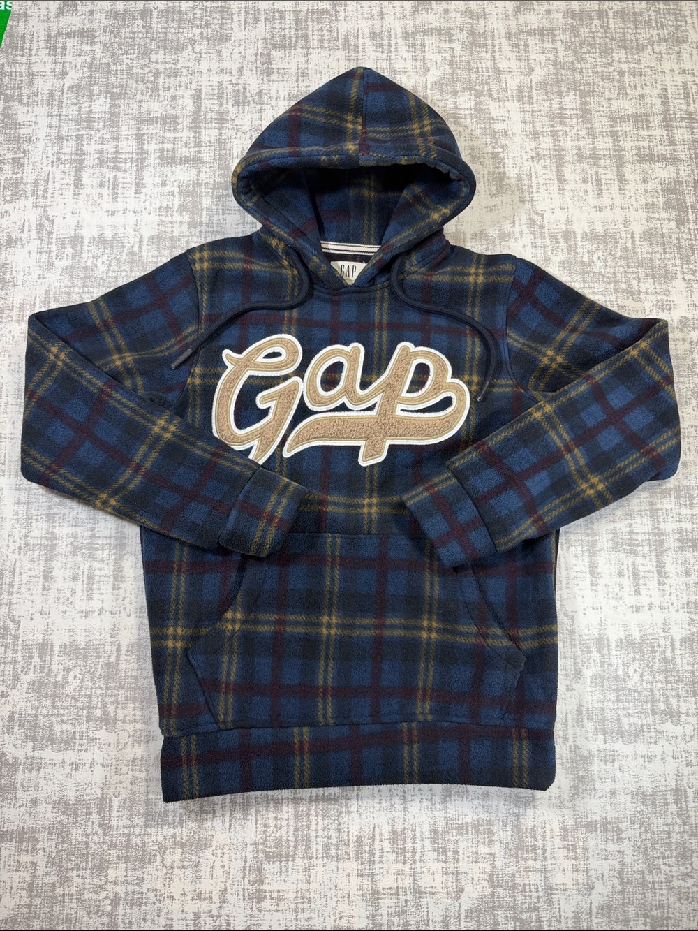 Y2K GAP Men's Navy Plaid Hoodie with Tan Script Logo Size M 25.5x20